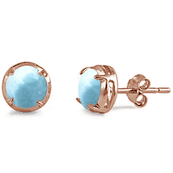 Round Shape Rose Gold Plated Natural Larimar Stud .925 Sterling Silver Earrings