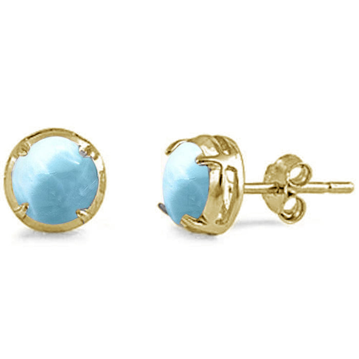 Yellow Gold Plated Round Shape Natural Larimar Stud .925 Sterling Silver Earrings