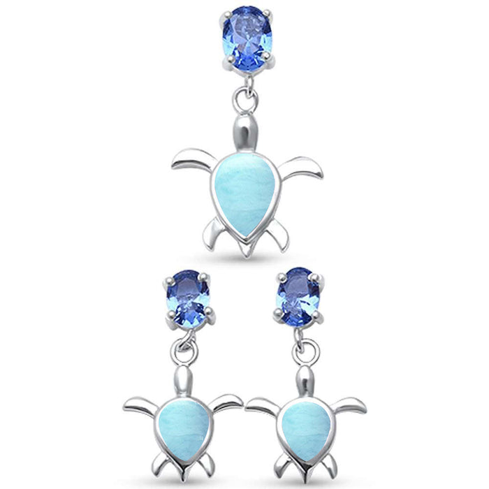 Natural Larimar Turtle & Tanzanite Cubic Zirconia .925 Sterling Silver Earring & Pendant Set