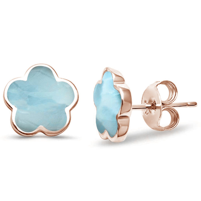 CLOSEOUT! Rose Gold Plated Natural Larimar Flower .925 Sterling Silver Earrings