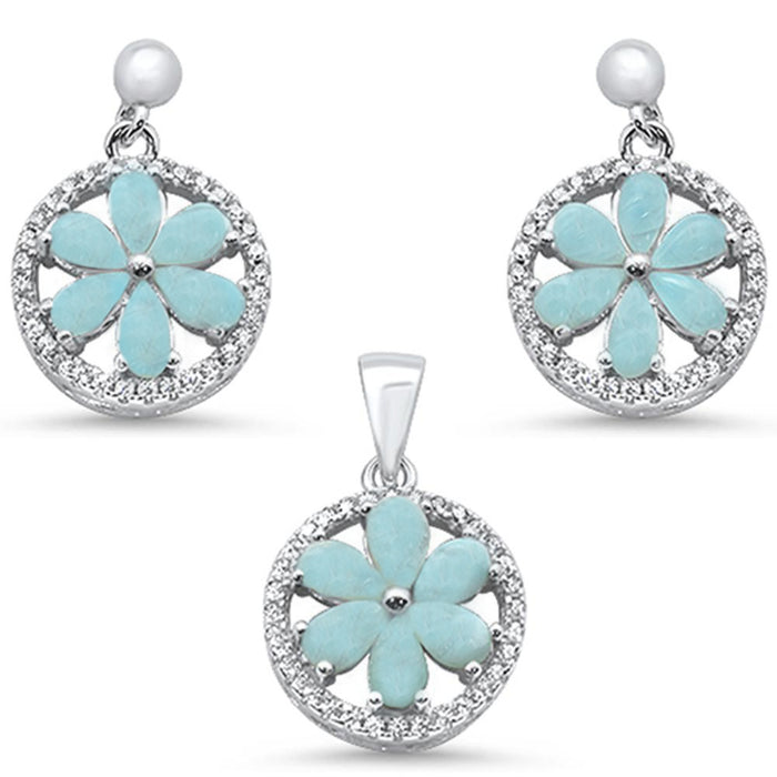 Natural Larimar & Round CZ .925 Sterling Silver Pendant & Earring Set