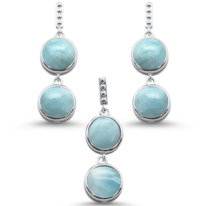 Round Larimar Drop Dangle .925 Sterling Silver Earring & Pendant Set