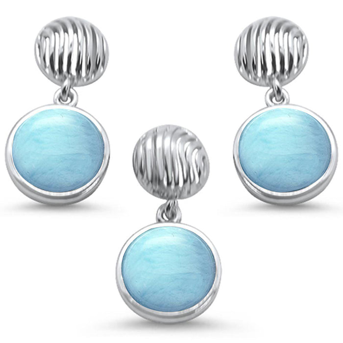 Round Natural Larimar .925 Sterling Silver Pendant & Earring Set