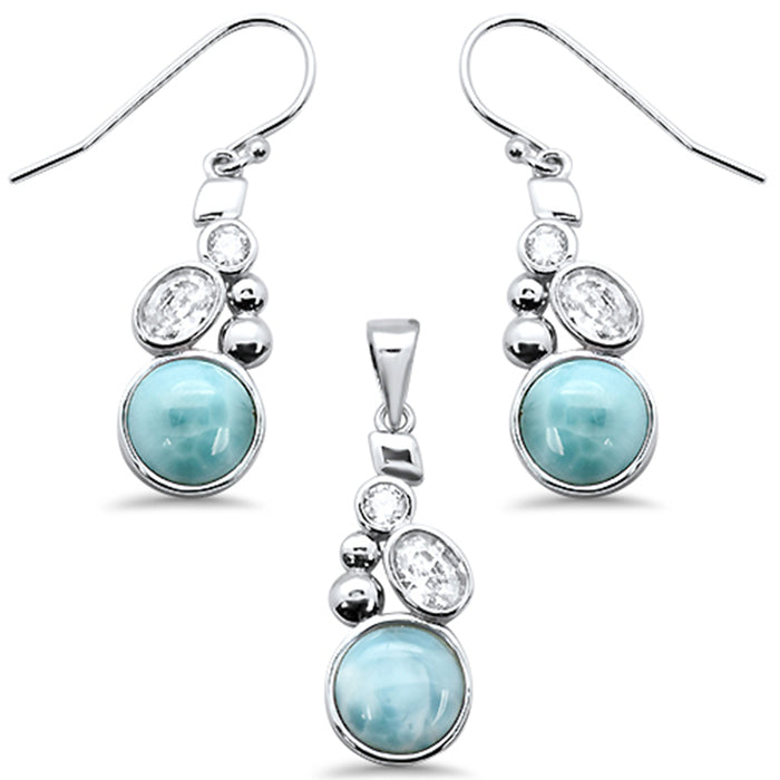 Round Natural Larimar & Cz .925 Sterling Silver Pendant & Earring Set