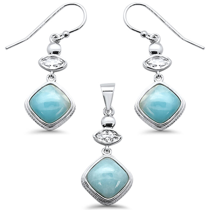 Cushion Natural Larimar & CZ .925 Sterling Silver Pendant & Earring Set