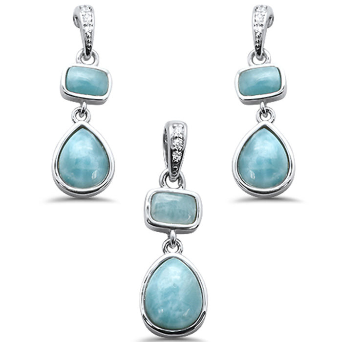 New Natural Larimar & Cz .925 Sterling Silver Pendant & Earring Set