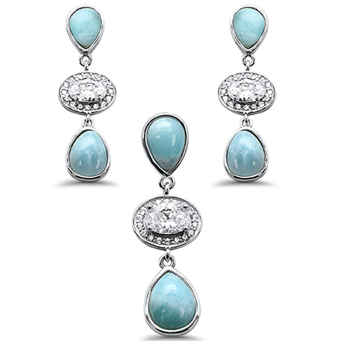 Pear Shape Natural Larimar & Oval CZ .925 Sterling Silver Pendant & Earring Set
