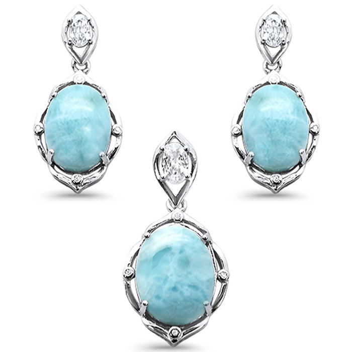 Natural Larimar & Cubic Zirconia Oval Shape .925 Sterling Silver Pendant & Earrings Set