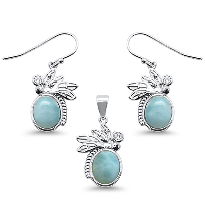 Natural Larimar & Cubic Zirconia .925 Sterling Silver Pendant & Earrings Set