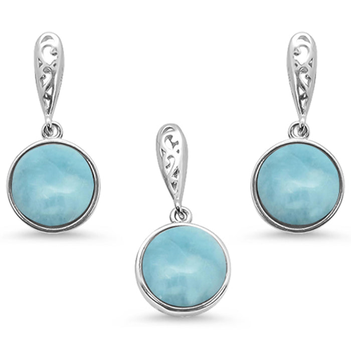 Round Natural Larimar .925 Sterling Silver Pendant & Earring Set