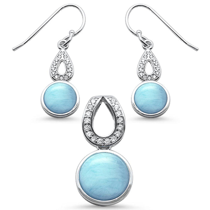 Natural Larimar & Cubic Zirconia Dangling .925 Sterling Silver Pendant & Earring Set
