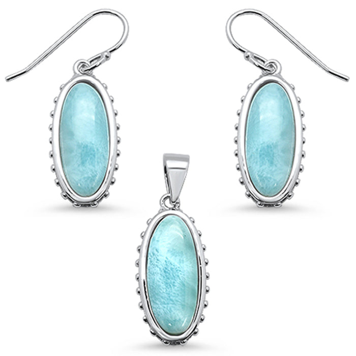 New Oval Natural Larimar .925 Sterling Silver Pendant & Earring Set