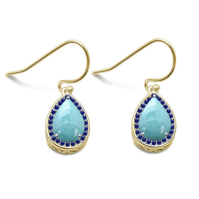 Natural Larimar & Blue Sapphire Pear Drop Dangle .925 Sterling Silver Earrings