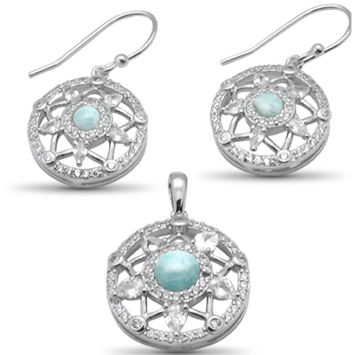 Round Shaped Star Natural Larimar & CZ .925 Sterling Silver Earring & Pendant Set