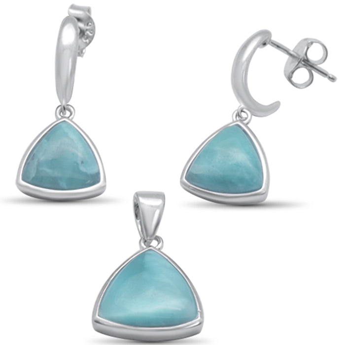 Trillion Shaped Natural Larimar Earring & Pendant .925 Sterling Silver Set