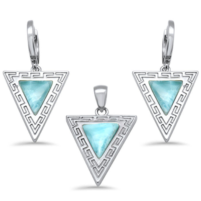 Triangle Shape Natural Larimar Greek Design .925 Sterling Silver Pendant & Earrings Set