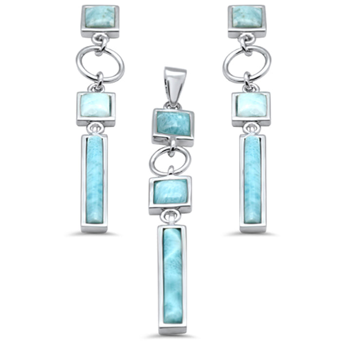 Multi Shape Natural Larimar Dangling .925 Sterling Silver Pendant & Earrings Set