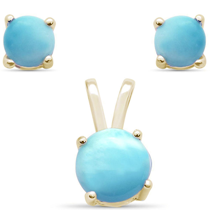 Yellow Gold Plated Natural Larimar Round Set .925 Sterling Silver Earring & Pendant Set