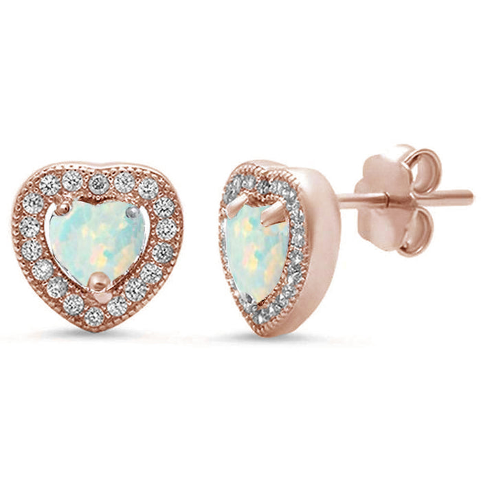 CLOSEOUT! Rose Gold Plated White Opal & Pave Cz Heart .925 Sterling Silver Earrings