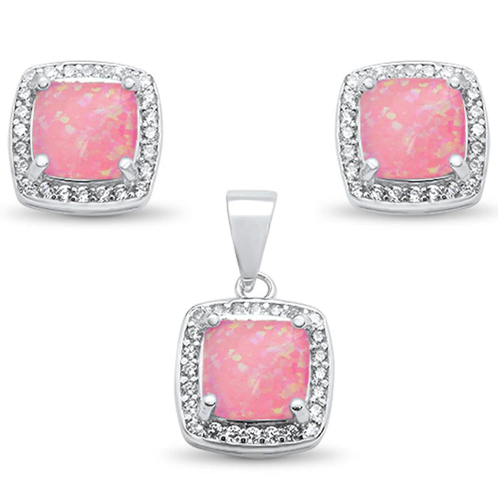 Cushion Cut Pink Opal & Cz Earring & Pendant .925 Sterling Silver Set