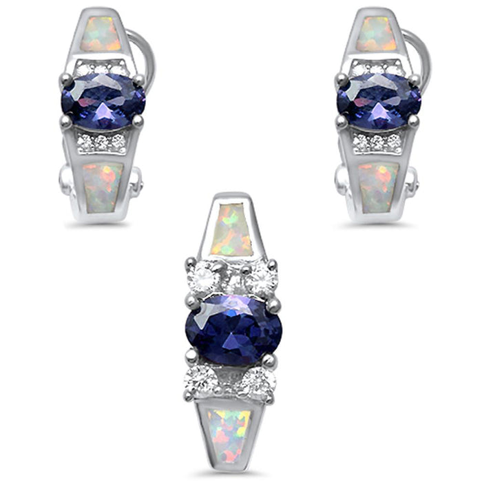 CLOSEOUT! White Opal, Tanzanite, & Cz .925 Sterling Silver Pendant & Earrings Set