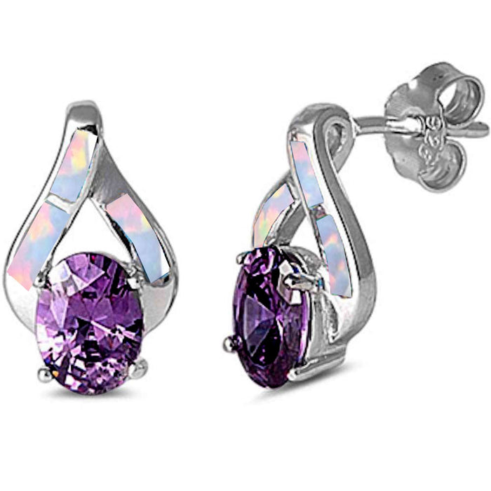 Amethyst & Lab Created White Opal High Fashion .925 Sterling Silver Earrings