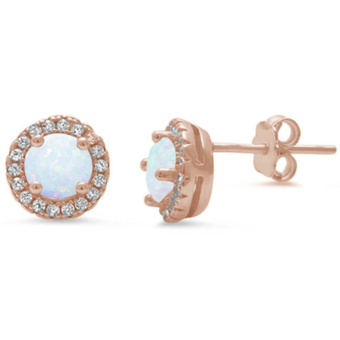 Rose Gold Plated Halo White Opal .925 Sterling Silver Earrings