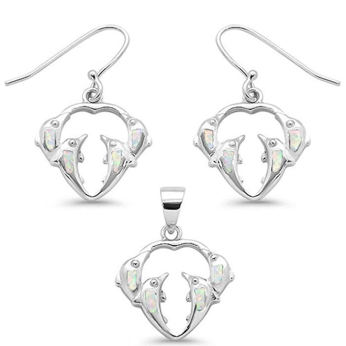 CLOSEOUT! White Opal Dolphines Dangling Earring & Pendant .925 Sterling Silver Set