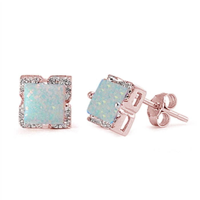 CLOSEOUT! Rose Gold Plated Square Cut White Opal .925 Sterling Silver Earring