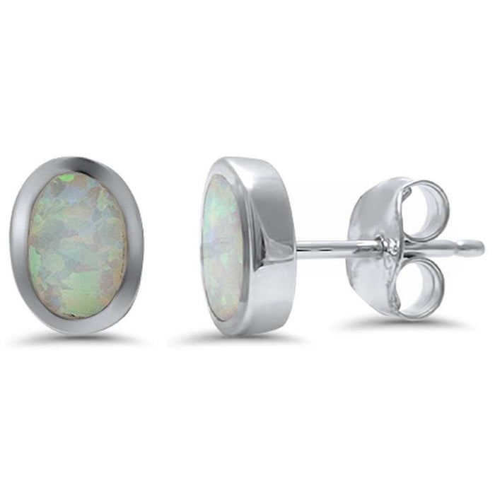 CLOSEOUT! Oval Shape Bezel White Opal .925 Sterling Silver Earring