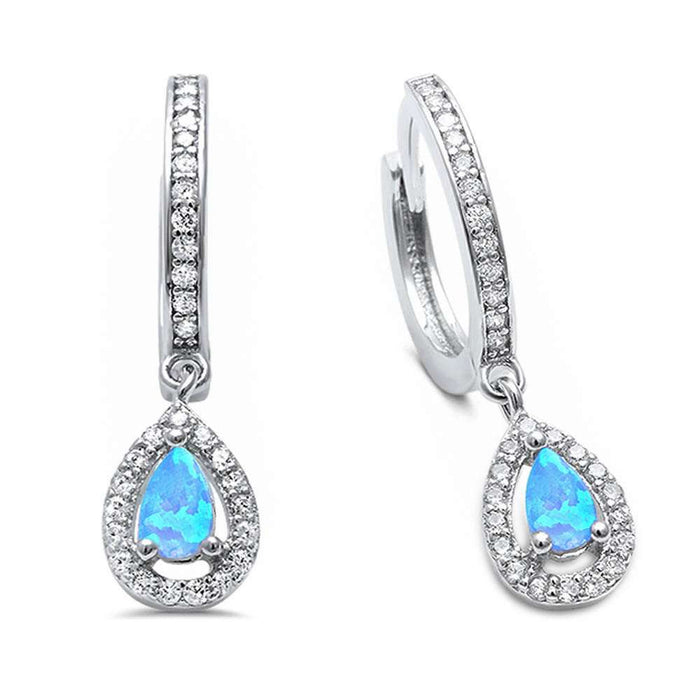 Blue Opal & Cubic Zirconia Hoop Dangle .925 Sterling Silver Earrings