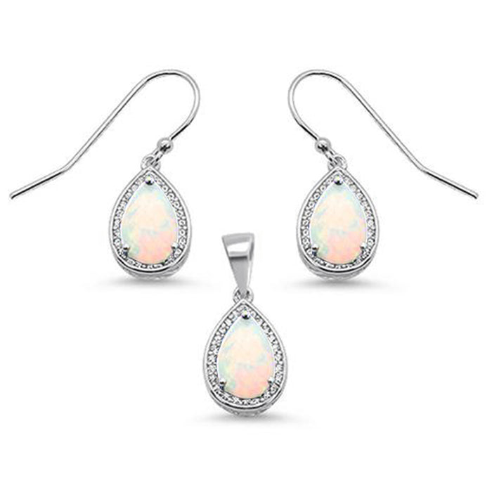 White Opal & Cubic Zirconia .925 Sterling Silver Earring & Pendant Set