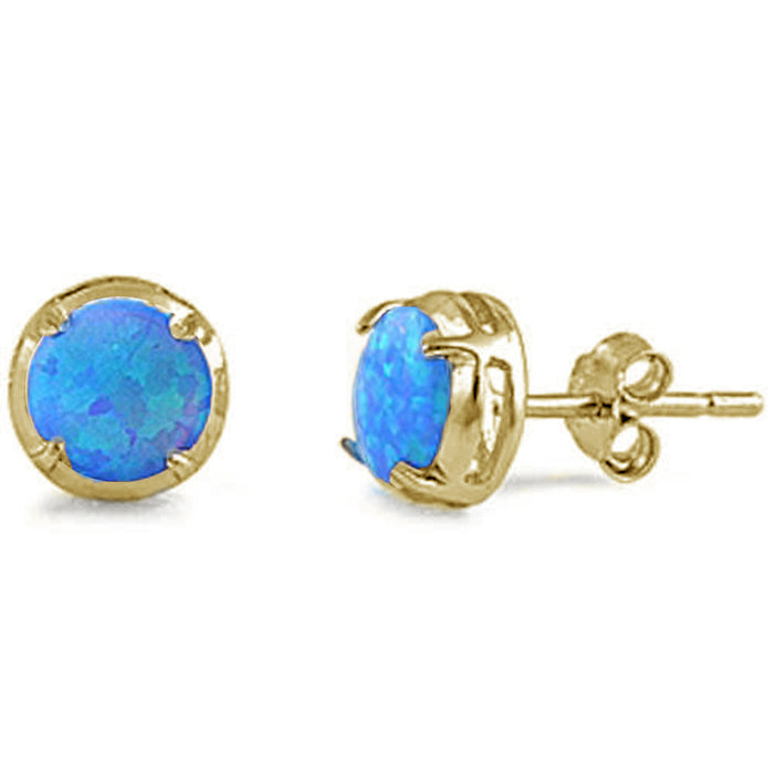 CLOSEOUT! Yellow Gold Plated Round Blue Opal .925 Sterling Silver Earrings