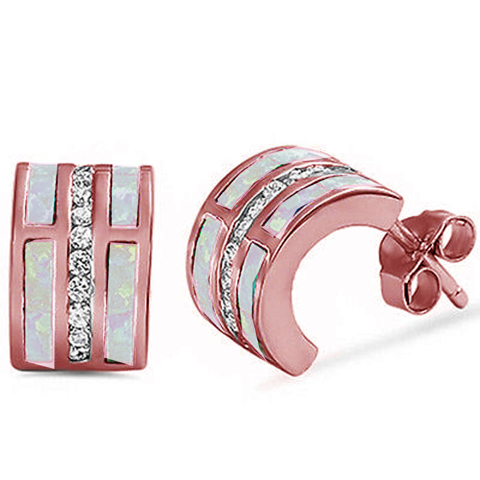 CLOSEOUT! Rose Gold Plated Pink Opal & Cz C-Shape Huggie Hoop .925 Sterling Silver Earrings