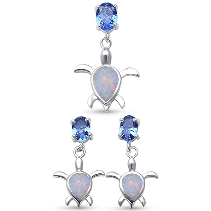 CLOSEOUT! White Opal Turtle & Tanzanite Cubic Zirconia .925 Sterling Silver Pendant Set