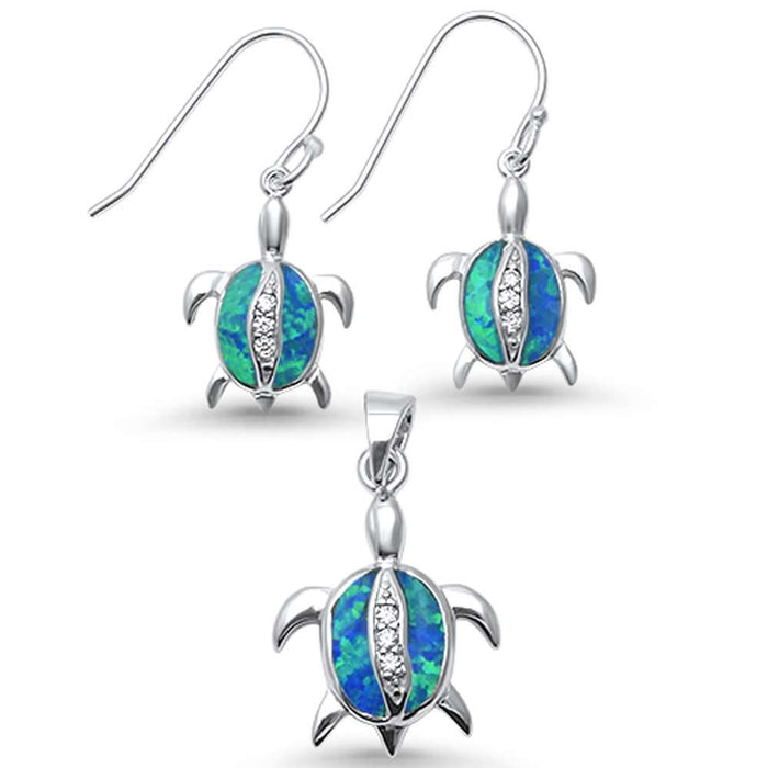 Blue Opal & Cubic Zirconia Turtle .925 Sterling Silver Pendant Set