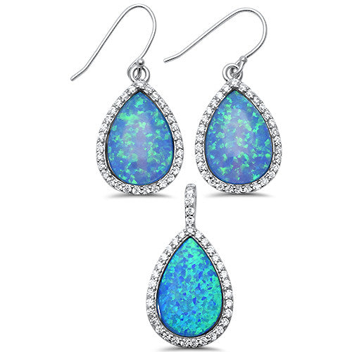 CLOSEOUT! Pear Shaped Blue Opal & CZ .925 Sterling Silver Pendant & Earring Set