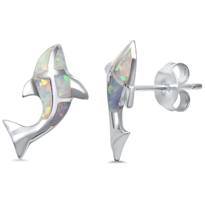 CLOSEOUT! White Opal Whale Dolphin .925 Sterling Silver Earrings