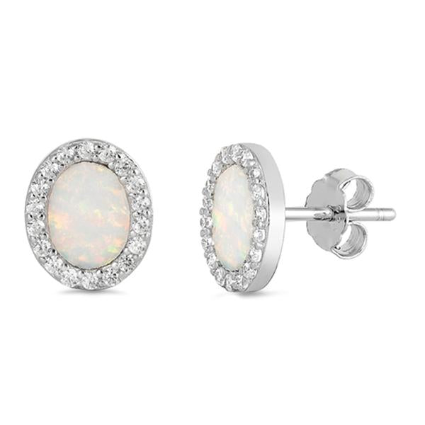 White Opal & Cz Oval Stud .925 Sterling Silver Earrings