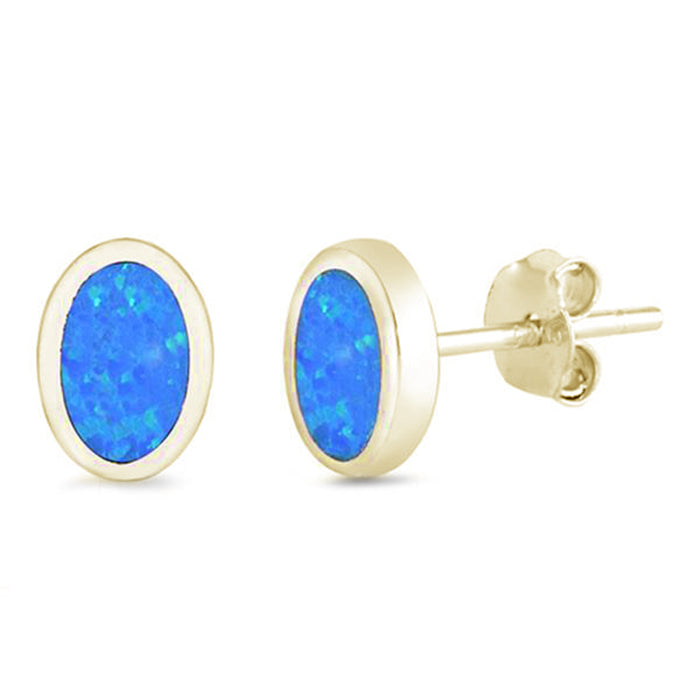 CLOSEOUT! Yellow Gold Plated Blue Opal Oval Shape .925 Sterling Silver Earrings