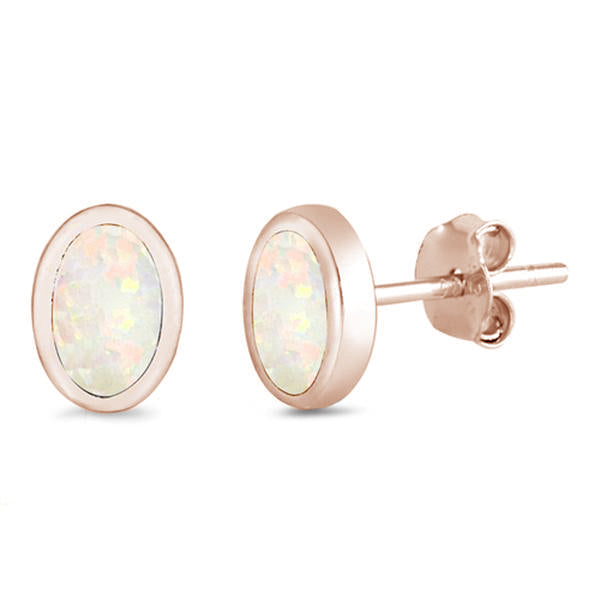 CLOSEOUT! Rose Gold Plated White Opal Oval Shape .925 Sterling Silver Earrings