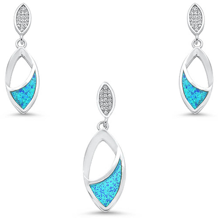 CLOSEOUT! Blue Opal & Cubic Zirconia Leaf Shape Dangling Earring & Pendant .925 Sterling Silver Set