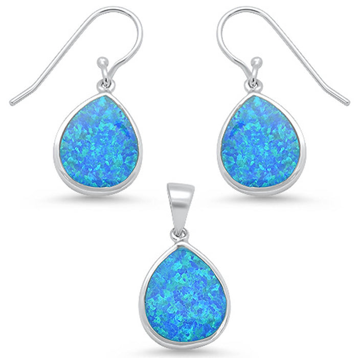 CLOSEOUT! Blue Opal Pear Shape Dangling Earring & Pendanr .925 Sterling Silver Set