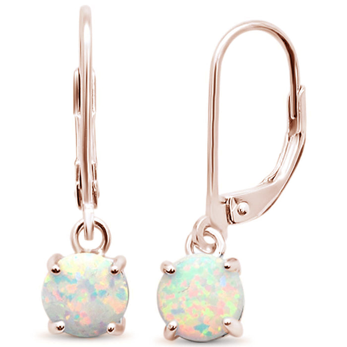 Rose Gold Plated Round White Opal Lever Back .925 Sterling Silver Earrings