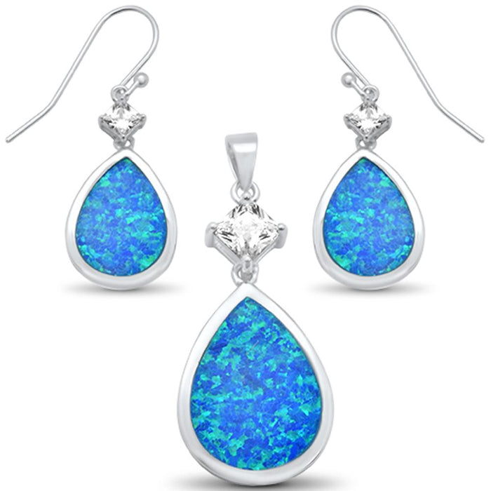 CLOSEOUT! Blue Opal & Cz Pear Shape Dangle Earring & Pendant .925 Sterling Silver Set