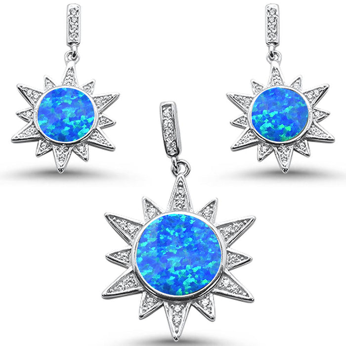 CLOSEOUT! Blue Opal Elegant Starburst .925 Sterling Silver Earring & Pendant Set