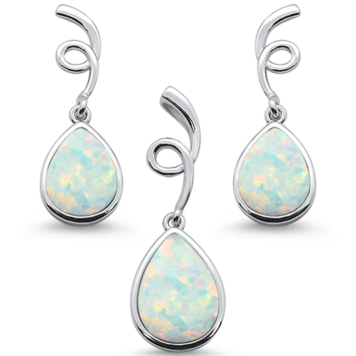 White Opal Pear Shape Spiral Dangle Earring & Pendant .925 Sterling Silver Set