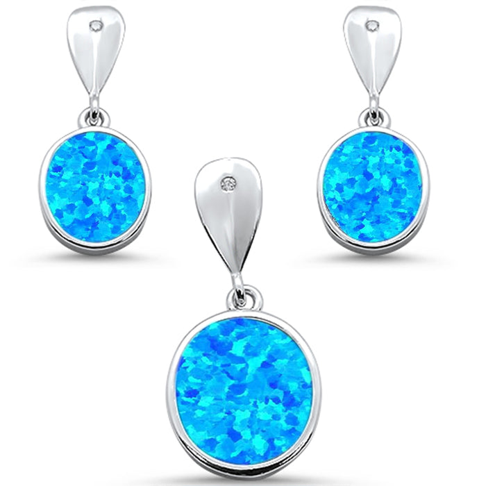 CLOSEOUT! Blue Opal Oval Dangle Earring & Pendant .925 Sterling Silver Set