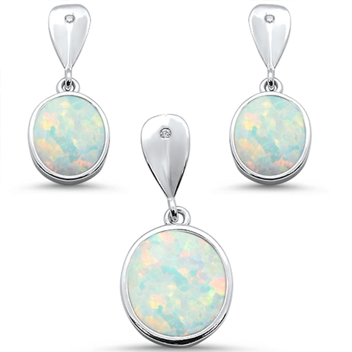 CLOSEOUT! White Opal Oval Dangle Earring & Pendant .925 Sterling Silver Set