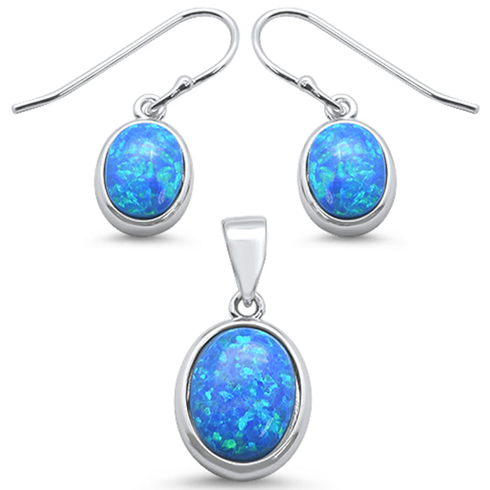 CLOSEOUT! Oval Blue Opal .925 Sterling Silver Earrings & Pendant Set